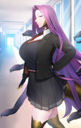  1girl breasts claws fate/grand_order fate_(series) forehead gorgon_(fate) highres jacket large_breasts long_hair long_sleeves looking_at_viewer medusa_(fate) minami_koyogi monster_girl necktie parted_bangs purple_eyes purple_hair rider scales school_uniform sidelocks skirt snake_hair snake_tail solo tail thighs very_long_hair 