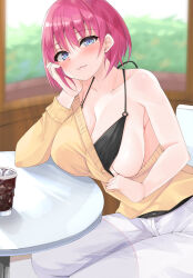  1girl belt bikini bikini_pull bikini_top_only bikini_under_clothes black_belt breasts brown_sweater cleavage closed_mouth clothes_pull cup elbow_rest go-toubun_no_hanayome halterneck indoors large_breasts looking_at_viewer micosiva nakano_ichika on_chair pants pink_hair pulling_own_clothes round_table sideboob sitting smile smug solo sweater sweater_pull swimsuit table teasing white_pants 
