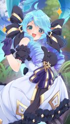 1girl :d absurdres ahoge bare_shoulders black_bow black_dress black_pantyhose blue_hair bow breasts day detached_sleeves dress drill_hair gloves grass green_eyes grey_dress gwen_(league_of_legends) hair_bow hand_up highres kurarome large_breasts league_of_legends looking_at_viewer open_mouth outdoors pantyhose puffy_short_sleeves puffy_sleeves short_sleeves smile solo sparkle striped_clothes striped_pantyhose teeth twin_drills twintails upper_teeth_only rating:General score:21 user:danbooru