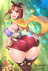 1girl artist_name ass ass_grab atelier_(series) atelier_ryza atelier_ryza_1 back bare_shoulders black_panties blush boots breasts brown_eyes brown_hair cameltoe detached_sleeves from_behind gloves hair_ornament hairband hairclip hat highres huge_ass large_breasts looking_at_viewer looking_back multi-strapped_panties nail_polish open_mouth panties red_shorts reisalin_stout short_hair short_shorts shorts single_glove skindentation smile solo sugihara_(sugihara2000) thick_thighs thigh_boots thighhighs thighs underwear white_thighhighs wide_hips rating:Sensitive score:97 user:danbooru