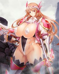1girl armor breasts brown_hair cleavage covered_erect_nipples covered_navel female_focus gloves highres huge_breasts leotard long_hair looking_at_viewer no_bra red_eyes shiny_skin sky solo standing taimanin_(series) taimanin_asagi_kessen_arena tana_(garyuh-chitai) thalia_henderson weapon wide_hips rating:Questionable score:30 user:fakyuh