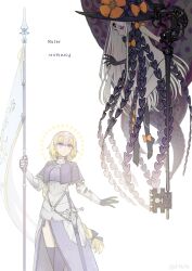  1girl 2girls abigail_williams_(fate) abigail_williams_(third_ascension)_(fate) absurdres armor armored_dress banner black_bow black_hat black_panties blonde_hair blue_eyes bow braid breasts chain character_name dress fate/grand_order fate_(series) faulds flag floating gauntlets gk98tm hat hat_bow headpiece highres holding holding_key jeanne_d&#039;arc_(fate) jeanne_d&#039;arc_(ruler)_(fate) key keyhole large_breasts long_braid long_hair looking_at_viewer multiple_girls multiple_hat_bows navel orange_bow pale_skin panties parted_bangs plackart red_eyes revealing_clothes single_braid smile solo standard_bearer suction_cups tentacles thighhighs third_eye underwear very_long_hair waistcoat white_hair witch_hat 