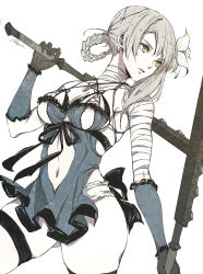  1girl asymmetrical_hair bandaged_arm bandaged_neck bandages black_gloves black_ribbon blue_dress braid breasts brown_eyes cleavage clothing_cutout cowboy_shot dress dual_wielding flower gloves grey_hair hair_between_eyes hair_flower hair_ornament hair_rings highres holding holding_weapon kaine_(nier) lingerie looking_to_the_side muted_color navel navel_cutout negligee nier_(series) nijihayashi parted_lips ribbon sideboob solo thigh_strap thighs underboob underwear weapon white_background white_flower 