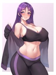 1girl alternate_costume bare_shoulders blush border breasts cleavage closed_mouth curvy fate/grand_order fate_(series) highres jacket kuavera large_breasts long_hair looking_at_viewer looking_to_the_side minamoto_no_raikou_(fate) navel off_shoulder pants parted_bangs purple_eyes purple_hair smile solo sports_bra standing thighs track_jacket white_border yoga_pants rating:Sensitive score:107 user:danbooru