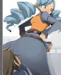 10s 1boy 1girl ace_trainer_(pokemon) ass smelling_ass blue_hair blush brown_eyes brown_hair creatures_(company) drill_hair elite_trainer femdom game_freak hilbert_(pokemon) huge_ass name_john nintendo npc_trainer pantyhose pokemon pokemon_bw sitting sitting_on_face sitting_on_person twintails rating:Questionable score:129 user:armorcrystal