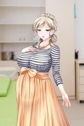  1girl ayase_shiori breasts game_cg huge_breasts indoors jewelry mature_female medium_hair necklace nijigen_kanojo pregnant shirt skirt solo striped_clothes striped_shirt  rating:General score:19 user:katsuragikei2nd