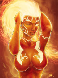  1girl breasts female_focus fire flaming_hair glowing glowing_eyes hands_in_hair large_breasts no_bra sciamano240 smile smite sol_(smite) solo tagme topless wink  rating:Questionable score:22 user:Kyng