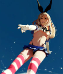 1girl absurdres black_eyes blonde_hair bow breasts diathorn elbow_gloves from_below gloves hair_bow highres kantai_collection loli looking_down medium_breasts midriff miniskirt navel no_bra outstretched_arm pleated_skirt realistic sailor_collar shimakaze_(kancolle) skirt small_breasts smile solo striped_clothes striped_thighhighs thighhighs thong underboob upskirt zettai_ryouiki rating:Sensitive score:197 user:danbooru