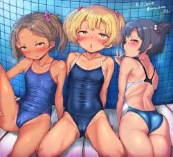  3girls :d ass backless_swimsuit bare_arms bare_shoulders black_hair blonde_hair blush brown_eyes brown_hair cameltoe cleft_of_venus closed_mouth competition_school_swimsuit competition_swimsuit finger_to_tongue flat_chest green_eyes heart heart-shaped_pupils imazon loli looking_at_viewer multiple_girls naughty_face one-piece_swimsuit open_mouth original parted_lips purple_eyes school_swimsuit short_sidetail side_ponytail smile sweat swimsuit symbol-shaped_pupils tan tanline tongue tongue_out twintails  rating:Questionable score:206 user:DarkToonLink