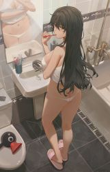  1girl absurdres arm_under_breasts ass bathroom black_eyes black_hair breasts brushing_teeth butt_crack camisole faucet free_style_(yohan1754) from_behind full_body highres holding holding_own_arm holding_toothbrush large_breasts long_hair looking_at_viewer looking_back messy_hair midriff mirror navel original panties razor reflection sideboob sink slippers solo tile_floor tile_wall tiles toilet toilet_seat toothbrush underwear white_camisole white_panties  rating:Sensitive score:152 user:danbooru
