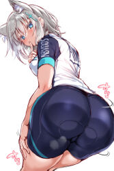 1girl animal_ear_fluff animal_ears ass ass_focus ass_shake back bike_jersey bike_shorts blue_archive blue_eyes blush breasts cle_masahiro cross cross_hair_ornament cycling_uniform extra_ears finger_to_mouth from_behind grabbing_own_thigh grey_hair hair_between_eyes hair_ornament hand_on_own_thigh hand_up head_tilt highres index_finger_raised inverted_cross looking_at_viewer looking_back medium_breasts medium_hair shiroko_(blue_archive) shiroko_(cycling)_(blue_archive) shushing simple_background sketch solo sweat thighs unfinished white_background wolf_ears rating:Questionable score:77 user:danbooru
