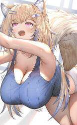  1girl absurdres animal_ear_fluff animal_ears bad_id bad_twitter_id bent_over blonde_hair blue_hair blue_shirt breasts cleavage collarbone dog_ears dog_girl dog_tail fuwawa_abyssgard hair_ornament hairclip hand_out_of_frame hanging_breasts highres hololive hololive_english honkivampy huge_breasts leaning_forward long_hair multicolored_hair open_mouth out_of_frame outstretched_hand shirt shorts sleeveless sleeveless_shirt solo streaked_hair tail thigh_gap thighhighs two_side_up virtual_youtuber white_shorts 