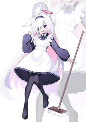  1girl absurdres alternate_costume apron black_dress black_eyes black_footwear black_hairband black_pantyhose blue_archive blush dress enmaided hair_over_one_eye hairband halo highres long_hair long_sleeves maid maid_apron mop open_mouth pantyhose plana_(blue_archive) puffy_long_sleeves puffy_sleeves red_halo shirokuma_(zeroillya) shoes simple_background solo white_apron white_background white_hair zoom_layer 
