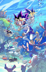  3boys :o :t algae barnacle black_hair blonde_hair blue_male_swimwear blue_swim_trunks blurry bubble chain clam clenched_teeth coral coral_reef depth_of_field diving_mask dual_persona dyed_bangs fish flippers from_below goggles hand_on_another&#039;s_shoulder holding jellyfish jewelry kaiba_seto kamishiro_ryoga kamishiro_ryouga kushabiria male_focus male_swimwear manjoume_jun millennium_puzzle multicolored_hair multiple_boys muto_yugi necklace nervous no_nipples ocean octopus purple_eyes purple_hair riding rock sand sea_urchin seaweed shark short_hair smile spiked_hair starfish sweat swim_trunks swimming swimsuit teeth topless_male two-tone_hair underwater water yami_yugi yu-gi-oh! yu-gi-oh!_duel_monsters yu-gi-oh!_gx yu-gi-oh!_zexal yuu-gi-ou yuu-gi-ou_zexal  rating:Sensitive score:10 user:danbooru