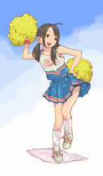  1girl :d arm_up bare_shoulders blue_background brown_eyes brown_hair cheerleader gradient_background highres low_twintails open_mouth pleated_skirt pom_pom_(cheerleading) skirt sleeveless smile socks solo standing standing_on_one_leg tessaku_ro tetsuro_ito twintails white_socks  rating:Sensitive score:10 user:yanderecs2nd