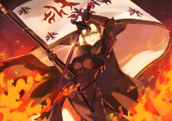  1girl absurdres armor armored_dress black_dress bomberca309 breasts chain collar dress fate/grand_order fate_(series) faulds fire flag gauntlets grey_hair grin headpiece highres jeanne_d&#039;arc_alter_(avenger)_(fate) jeanne_d&#039;arc_alter_(fate) large_breasts looking_at_viewer metal_collar plackart polearm short_hair smile solo sword thighs weapon yellow_eyes 