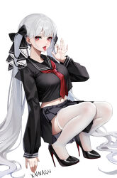  1girl absurdres artist_name azur_lane black_sailor_collar black_serafuku black_skirt breasts fellatio_gesture formidable_(azur_lane) formidable_(the_lover&#039;s_heart_flutters_on_duty)_(azur_lane) full_body grey_hair hair_ribbon high_heels highres large_breasts long_hair looking_at_viewer navel navel_peek neckerchief official_alternate_costume red_eyes red_neckerchief ribbon sailor_collar school_uniform serafuku skirt squatting thighhighs tongue tongue_out twintails two-sided_ribbon two-tone_ribbon very_long_hair white_background white_thighhighs xnnagu 