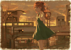 1girl 7ife absurdres arms_behind_back bad_id bad_pixiv_id blouse blue_eyes bow bridge building city closed_mouth cloud cloudy_sky collared_shirt commentary dusk english_commentary feet_out_of_frame from_side green_skirt hair_bow highres lamppost long_hair looking_at_viewer neon_genesis_evangelion orange_hair outdoors profile red_bow red_neckwear school_uniform shirt short_sleeves skirt sky solo souryuu_asuka_langley sunset suspender_skirt suspenders tokyo-3_middle_school_uniform traffic_light white_shirt  rating:Sensitive score:9 user:danbooru
