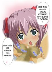  1boy 1girl age_difference artist_request blush caressing_testicles censored english_text erection handjob hard-translated hetero loli looking_at_viewer lying mosaic_censoring on_back open_mouth penis pov purple_hair ribbon squeezing_testicles sweat testicles text_focus third-party_edit translated twintails  rating:Explicit score:18 user:pussy_hacker