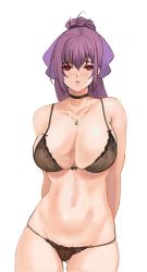  1girl absurdres akira_(yuibnm71) black_bra black_panties blush bra breasts choker fate/grand_order fate_(series) highres jewelry large_breasts lipstick makeup necklace panties parted_lips ponytail purple_hair purple_ribbon red_eyes ribbon scathach_(fate) scathach_skadi_(fate) simple_background solo underwear 