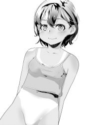  1girl arms_behind_back blush bottomless breasts crop_top female_focus groin highres loli looking_at_viewer mizu monochrome navel original short_hair small_breasts smile solo tan tanline  rating:Questionable score:32 user:Dweenie
