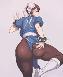  1girl absurdres ass boots bracelet breasts brown_eyes brown_hair bun_cover capcom china_dress chinese_clothes chun-li colorized cowboy_shot double_bun dress earrings hand_on_ass highres hip_focus huge_ass huge_breasts jewelry leg_up legs looking_back metal_owl_(aden12) pantyhose pelvic_curtain short_hair side_slit simple_background solo spiked_bracelet spikes street_fighter thick_thighs thighs wide_hips  rating:Questionable score:120 user:lolianon2