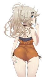  1girl ass ass_focus back blue_eyes blue_nails blush from_behind hand_on_own_ass kasukabe_tsumugi legs long_hair looking_at_viewer nail_polish smile solo standing swimsuit thigh_gap thighs voicevox white_background white_hair yappen  rating:Sensitive score:12 user:Sephiko