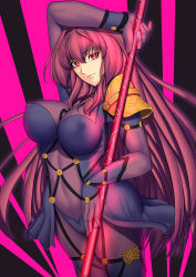  1girl armor bodysuit breasts covered_navel covered_erect_nipples fate/grand_order fate_(series) gae_bolg_(fate) holding holding_weapon large_breasts long_hair looking_at_viewer polearm purple_bodysuit purple_hair red_eyes scathach_(fate) scathach_(fate) shoulder_armor solo spear very_long_hair weapon yui_sora  rating:Sensitive score:15 user:danbooru