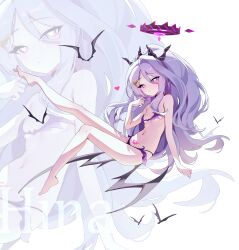 1girl barefoot black_horns black_wings blue_archive blush bra closed_mouth demon_horns demon_wings female_focus flat_chest full_body heart heart-shaped_pupils highres hina_(blue_archive) horns korean_commentary loli long_hair multiple_horns multiple_views panties parted_bangs picter pubic_tattoo purple_bra purple_eyes purple_panties symbol-shaped_pupils tattoo underwear very_long_hair white_hair wings zoom_layer rating:Questionable score:30 user:danbooru