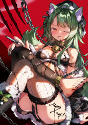  07touka25 1girl animal_ears ankle_cuffs ass barefoot bell body_writing chain cigarette coat collar fishnet_thighhighs fishnets fur_trim garter_straps green_hair hat leash merry_christmas one_eye_closed original red_background sitting solo spiked_collar spikes thighhighs tongue tongue_out 