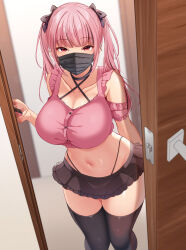  1girl black_ribbon black_thighhighs breasts ear_piercing hair_ribbon highres indoors large_breasts long_hair looking_at_viewer mask mouth_mask navel open_door original piercing pink_eyes pink_hair ribbon skirt solo superbad surgical_mask thighhighs 