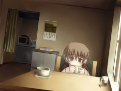 androgynous broiler child drinking empty_eyes flower gender_request indoors lonely sitting solo table rating:Sensitive score:29 user:i_am_gundam