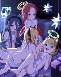  4girls :d absurdres all_fours alternate_costume animal_ear_headphones animal_ears aris_(blue_archive) ass backless_dress backless_outfit bare_back bed_sheet black_hair blonde_hair blue_archive blue_eyes bow breasts cat_ear_headphones closed_mouth commentary_request dress fake_animal_ears female_focus forehead green_eyes hair_between_eyes hair_bow hairband halo headphones highres legs_up loli long_bangs long_hair looking_at_viewer lying meme_attire midori_(blue_archive) momoi_(blue_archive) multiple_girls naked_sweater no_tail on_back open_mouth paw_pose pink_eyes profile red_hair short_hair siblings sideboob sisters sitting sizque small_breasts smile sweater sweater_dress take_your_pick teeth turtleneck turtleneck_sweater twins upper_teeth_only virgin_killer_sweater wavy_mouth yuzu_(blue_archive)  rating:Questionable score:202 user:danbooru