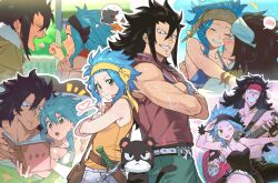  1boy 1girl black_dress black_hair black_headband blue_hair blush breasts brown_eyes brown_vest cleavage couple cowboy_shot dress ear_piercing eyebrow_piercing fairy_tail feeding gajeel_redfox hairband headband heart hetero highres holding holding_plectrum hug levy_mcgarden light_blue_hair long_hair looking_at_viewer nose_piercing on_bed pantherlily piercing plectrum print_headband qin_(7833198) reading red_headband scar short_hair small_breasts spaghetti_strap spiked_hair sword thought_bubble topless vest weapon white_headband yellow_hairband yellow_vest 