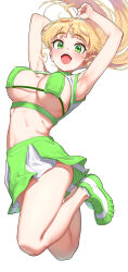  1girl armpits arms_up bare_arms bikini bikini_top_only blonde_hair blunt_bangs blush breastless_clothes breasts cleavage commentary_request eyepatch_bikini floating_hair full_body green_bikini green_eyes green_footwear green_skirt heanna_sumire highres jumping large_breasts legs long_hair looking_at_viewer love_live! love_live!_superstar!! midair miniskirt multicolored_clothes multicolored_skirt navel open_mouth pettan_p pleated_skirt shoes simple_background skindentation skirt smile sneakers socks solo stomach swimsuit teeth thighs tongue two-tone_skirt upper_teeth_only white_background white_skirt white_socks 
