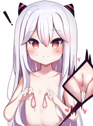  ! 1girl @_@ absurdres blush broken_condom censored closed_mouth collarbone commentary condom cum cum_in_pussy cumdrip demon_girl demon_horns double-parted_bangs female_focus flat_chest hair_between_eyes heart highres horns loli long_hair looking_at_viewer mosaic_censoring multiple_views nude original purple_hair pussy red_eyes seikaseikaruru simple_background smile solo standing sweat thigh_gap upper_body used_condom very_long_hair white_background 