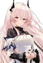  1girl arknights breasts cleavage_cutout clothing_cutout commentary_request dress highres horns jewelry layered_sleeves long_hair long_sleeves looking_at_viewer medium_breasts off-shoulder_dress off_shoulder own_hands_together pink_eyes pink_hair raramente ring short_over_long_sleeves short_sleeves simple_background smile solo theresa_(arknights) upper_body very_long_hair white_background white_dress 