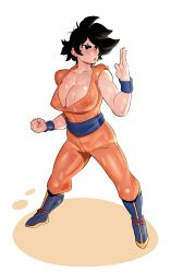 1girl ankle_boots bad_id bad_tumblr_id black_eyes black_hair boots breasts cleavage clenched_hand dougi dragon_ball dragonball_z eyebrows female_focus fighting_stance full_body genderswap genderswap_(mtf) highres john_doe_(jdart) large_breasts sash see-through shirt sideways_mouth solo son_goku spiked_hair sweat wet wet_clothes wet_shirt wristband rating:Questionable score:92 user:danbooru