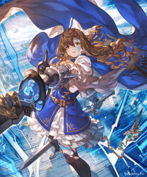  1girl belt belt_buckle blue_cloak blue_dress boots bow braid brown_eyes brown_hair buckle cloak commentary_request curly_hair dress dual_wielding ezusuke facial_mark foot_out_of_frame frilled_skirt frills from_above gauntlets hair_between_eyes hair_bow highres holding holding_sword holding_weapon long_hair looking_at_viewer maisha_laforge_(shadowverse) multiple_swords official_art open_mouth pantyhose shadowverse skirt solo standing sword torn_clothes torn_pantyhose very_long_hair weapon white_bow 