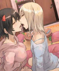 2girls after_kiss black_hair blonde_hair blush breasts closed_eyes door dutch_angle female_focus french_kiss hood hoodie impossible_clothes impossible_sweater interlocked_fingers jonasan kiss large_breasts long_hair multiple_girls open_mouth original own_hands_clasped own_hands_together panties pepe_(jonasan) room saliva saliva_trail short_hair siblings sisters sweater table tongue underwear yuri rating:Questionable score:194 user:danbooru