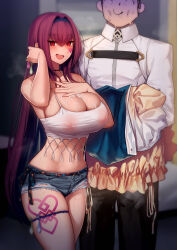  1boy 1girl ^_^ absurdres aftersex arona&#039;s_sensei_doodle_(blue_archive) blush breasts camisole chaldea_uniform cleavage closed_eyes condom condom_belt condom_thigh_strap covered_erect_nipples crop_top cum cum_on_body cutoffs denim denim_shorts facepaint fate/grand_order fate_(series) hair_intakes hand_on_own_chest heart highres holding holding_condom huge_breasts leg_tattoo long_hair looking_at_viewer lun7732 male_pubic_hair nervous_sweating pubic_hair purple_hair scathach_(fate) short_shorts shorts skindentation smile stray_pubic_hair sweat sweaty_clothes tattoo thigh_strap tucking_hair used_condom very_long_hair white_camisole  rating:Explicit score:94 user:danbooru