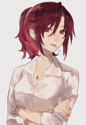  1girl aozaki_touko buttons cigarette collared_shirt commentary_request crossed_arms fingernails forehead hair_between_eyes holding holding_cigarette jewelry kara_no_kyoukai long_hair looking_at_viewer mouth_hold necklace orange_nails parted_bangs ponytail red_eyes red_hair shirt simple_background sleeves_rolled_up solo urushimaru0701 white_background white_shirt 