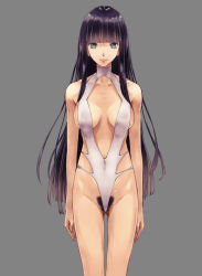  1girl black_hair blue_eyes blunt_bangs breasts casual_one-piece_swimsuit center_opening covered_erect_nipples female_pubic_hair grey_hair highres hime_cut light_smile long_hair medium_breasts moderate_pubic_hair nipples one-piece_swimsuit original pubic_hair see-through simple_background solo standing swimsuit very_long_hair yuzawa  rating:Explicit score:113 user:danbooru