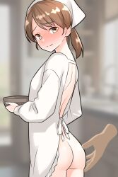  1girl apron ass blurry blurry_background blush brown_eyes brown_hair disembodied_hand full-face_blush furaggu_(frag_0416) head_scarf highres kantai_collection kappougi kitchen low_twintails naked_kappougi shirayuki_(kancolle) short_twintails solo_focus standing twintails 