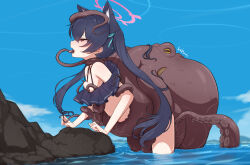  1girl animal_ear_fluff animal_ears bent_over bestiality bikini black_bikini black_hair blue_archive blue_sky blush breasts breasts_out cat_ears day extra_ears frilled_bikini frills from_side haizuru halo highres interspecies long_hair mouth_insertion octopus off-shoulder_bikini off_shoulder official_alternate_costume rape red_eyes restrained rock serika_(blue_archive) serika_(swimsuit)_(blue_archive) sex sex_from_behind sky slime_(substance) small_breasts standing swimsuit tentacle_sex tentacles tongue tongue_grab tongue_out twintails wading water 