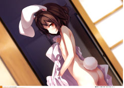 1girl absurdres animal_ears ass back brown_eyes brown_hair completely_nude cowboy_shot dress unworn_dress dutch_angle flat_ass flat_chest from_behind hand_up highres inaba_tewi indoors ke-ta loli looking_at_viewer looking_back nipples non-web_source nude page_number peeking profile rabbit_ears rabbit_girl rabbit_tail red_eyes short_hair solo standing tail touhou translation_request undressing rating:Questionable score:88 user:danbooru