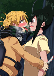 10s 2girls absurdres against_tree asui_tsuyu blonde_hair blood blush boku_no_hero_academia commentary_request double_bun fang forced forced_kiss french_kiss green_hair hair_bun heavy_breathing highres kiss knife long_tongue looking_at_another molestation multiple_girls oekakimannga open_mouth restrained school_uniform serafuku shorts single_hair_bun skirt smile smilr toga_himiko tongue tongue_out tree yuri rating:Questionable score:60 user:danbooru