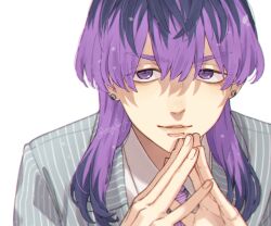  1boy blue_suit close-up collared_shirt ear_piercing formal haitani_rindou leaning_forward light_blue_jacket light_smile looking_at_viewer male_focus medium_hair mog_ky multicolored_hair necktie own_hands_together parted_lips piercing portrait purple_eyes purple_hair purple_necktie shirt simple_background solo striped_clothes suit tokyo_revengers twitter_username two-tone_hair white_shirt wolf_cut 