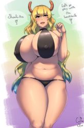  1girl artist_name bikini bikini_top_only blonde_hair blue_hair blush breasts coffeeslice covered_erect_nipples curvy dragon_horns gradient_background gradient_hair green_eyes heterochromia highres horns huge_breasts kobayashi-san_chi_no_maidragon long_hair lucoa_(maidragon) multicolored_hair navel open_mouth simple_background smile solo swimsuit text_focus thick_thighs thighs yellow_eyes  rating:Questionable score:182 user:DarkToonLink