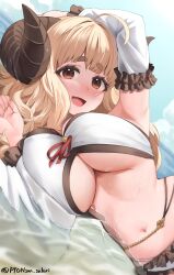  1girl :d ahoge anila_(granblue_fantasy) anila_(summer)_(granblue_fantasy) arm_behind_head armpits artist_name bikini blonde_hair blue_sky blunt_bangs blush breasts brown_hair cloud commentary_request curly_hair curvy detached_sleeves draph frilled_bikini frills granblue_fantasy highres hime_cut horns jewelry large_breasts long_hair looking_at_viewer lying navel official_alternate_costume on_side open_mouth partially_submerged pyonsan shallow_water sheep_horns short_eyebrows sidelocks sky smile solo_focus stomach sunlight swimsuit underboob water wet wet_clothes 